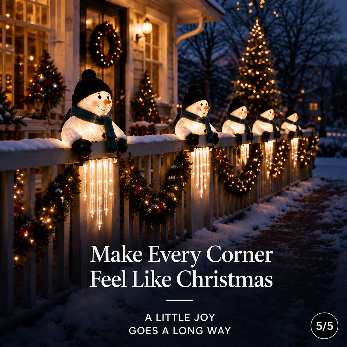 Multiple WinterGlow Snowman lights on railing