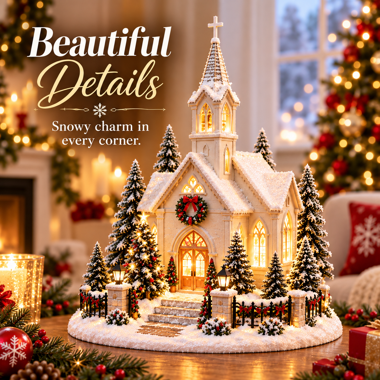 Snowy Christmas village church details