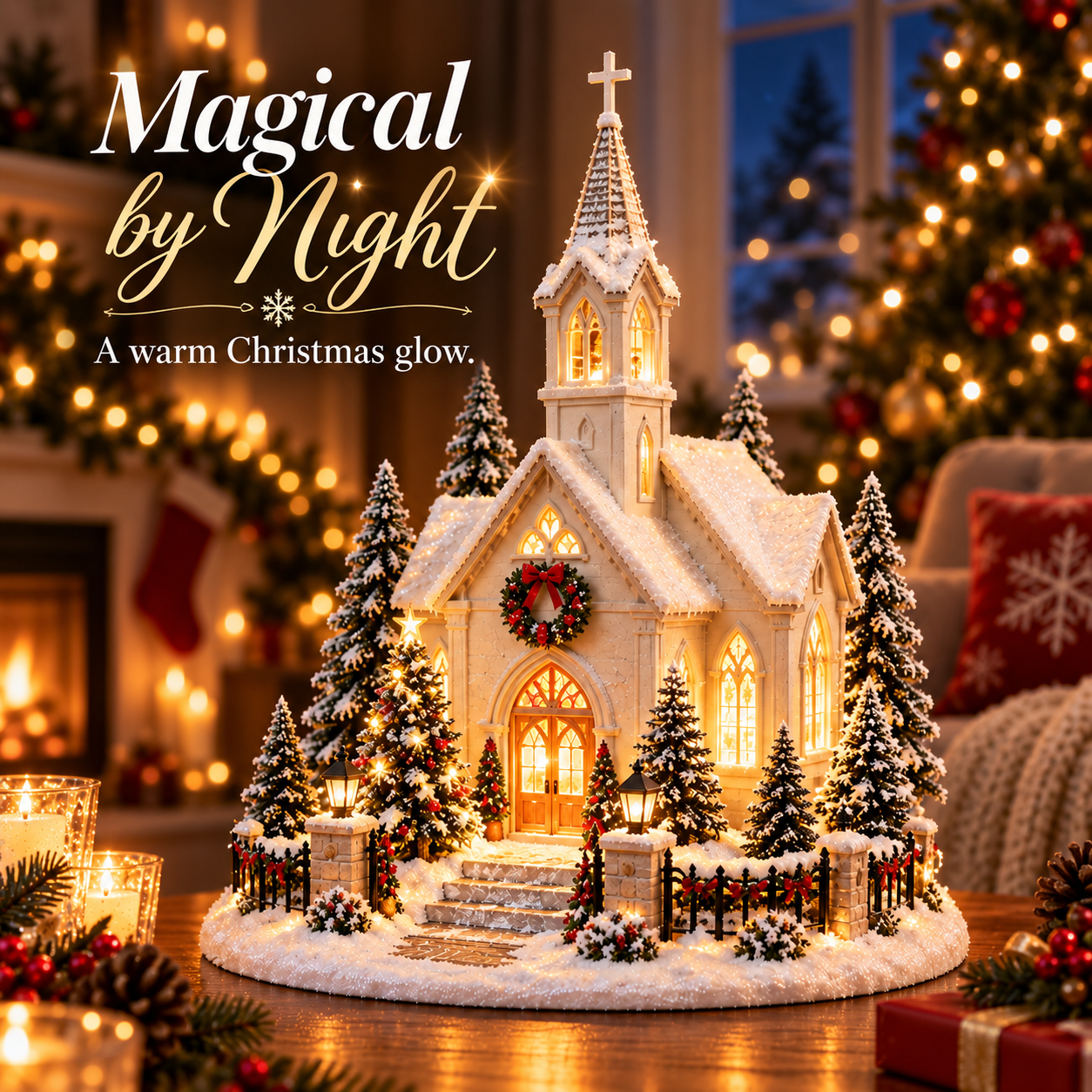 Glowing Christmas church at night