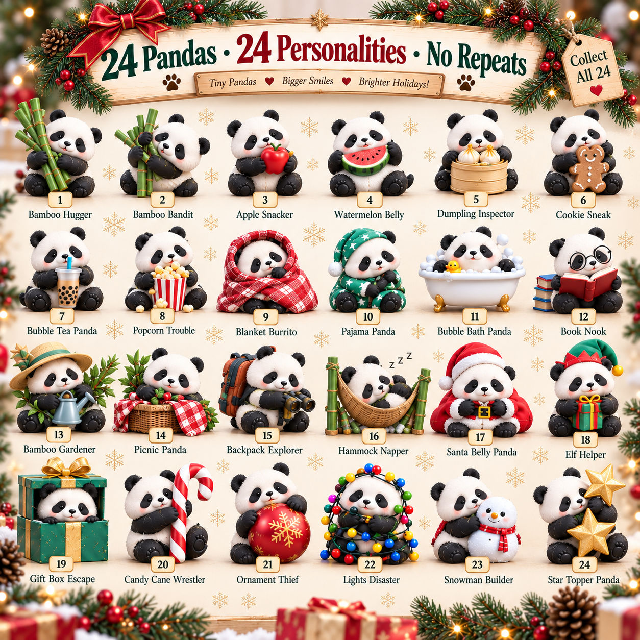 24 different Panda Pandemonium collectible characters