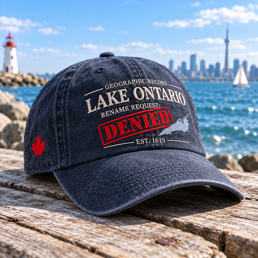 Lake Ontario cap displayed on a lakeside dock