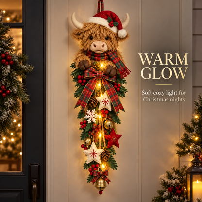 🐮🎄 MerryCascade™ Highland Cow Glowing Christmas Door Hanger