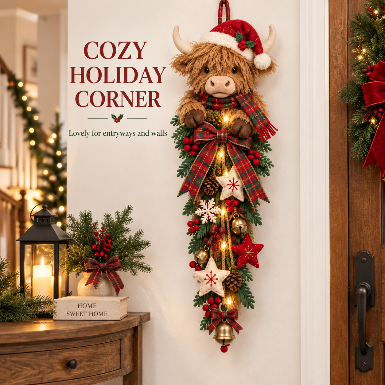🐮🎄 MerryCascade™ Highland Cow Glowing Christmas Door Hanger