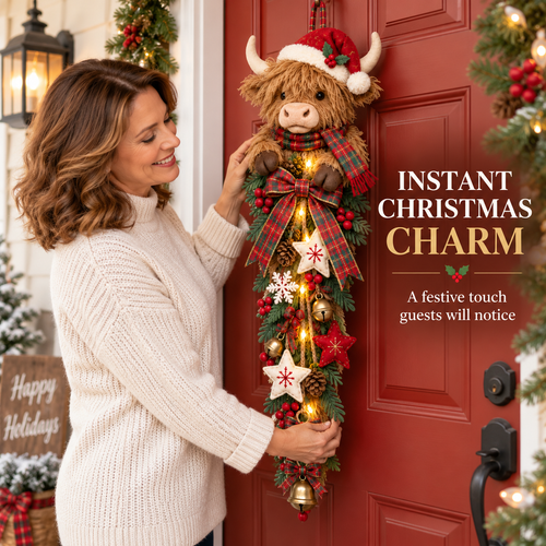 🐮🎄 MerryCascade™ Highland Cow Glowing Christmas Door Hanger