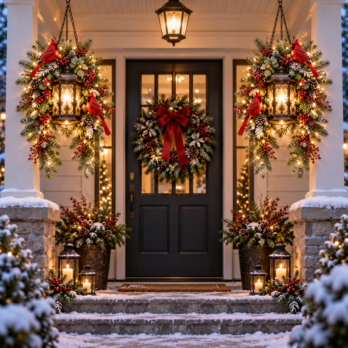 Two Cardinal Christmas lantern decorations framing a front door