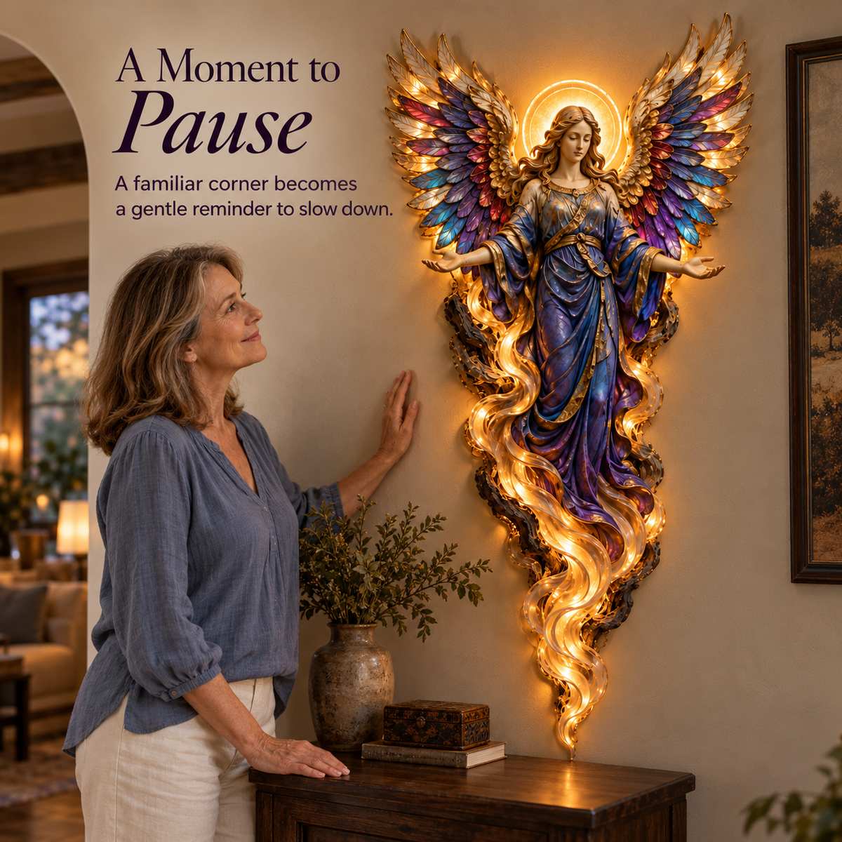 Woman standing beside Gabriel angel wall sculpture