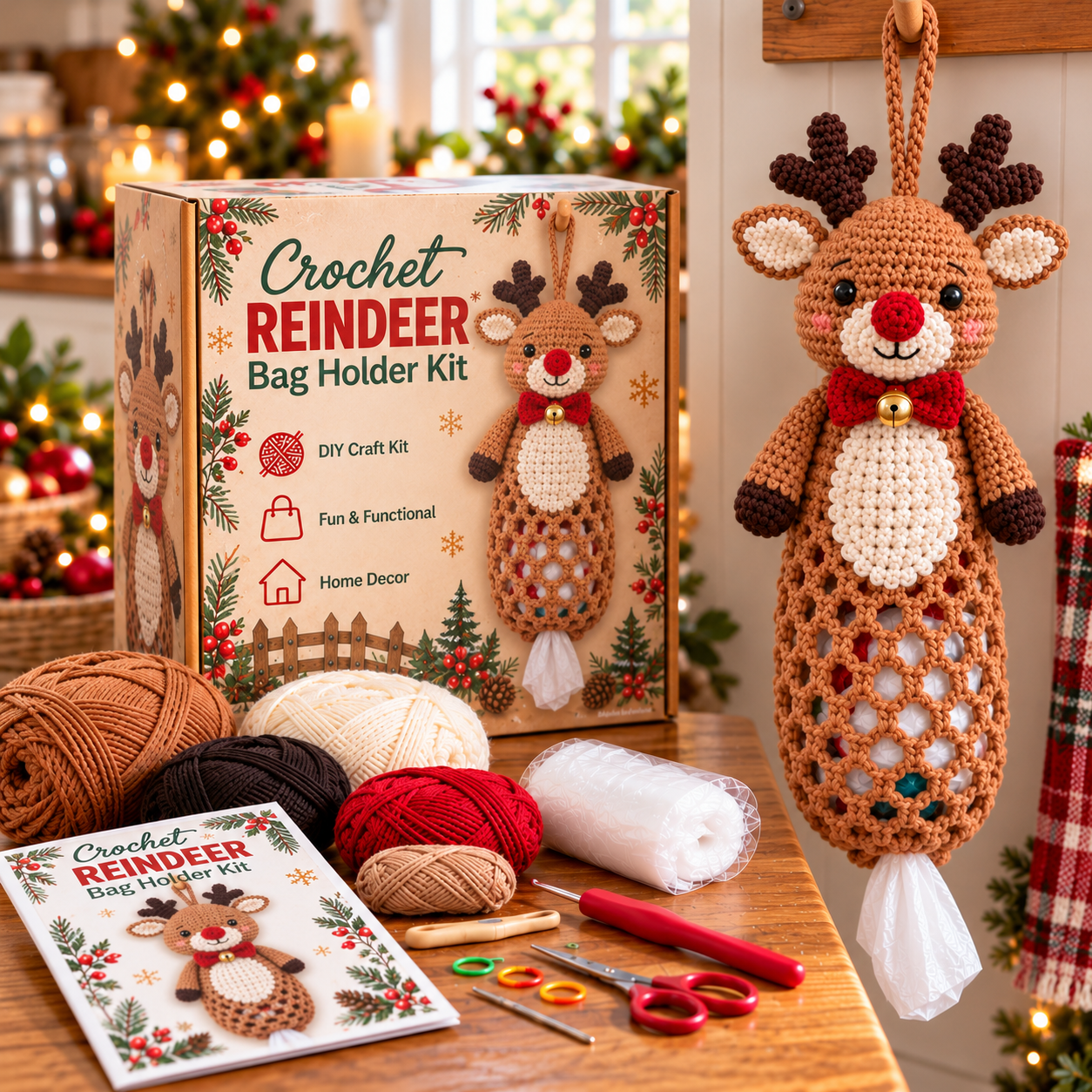 Reindeer Crochet Christmas Bag Holder DIY Kit