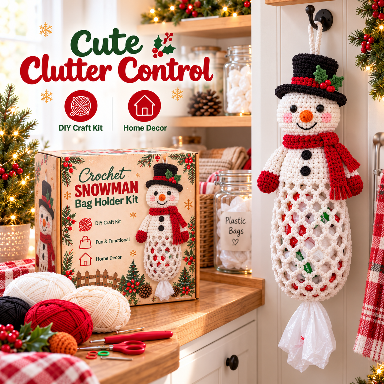 Snowman crochet bag holder storage