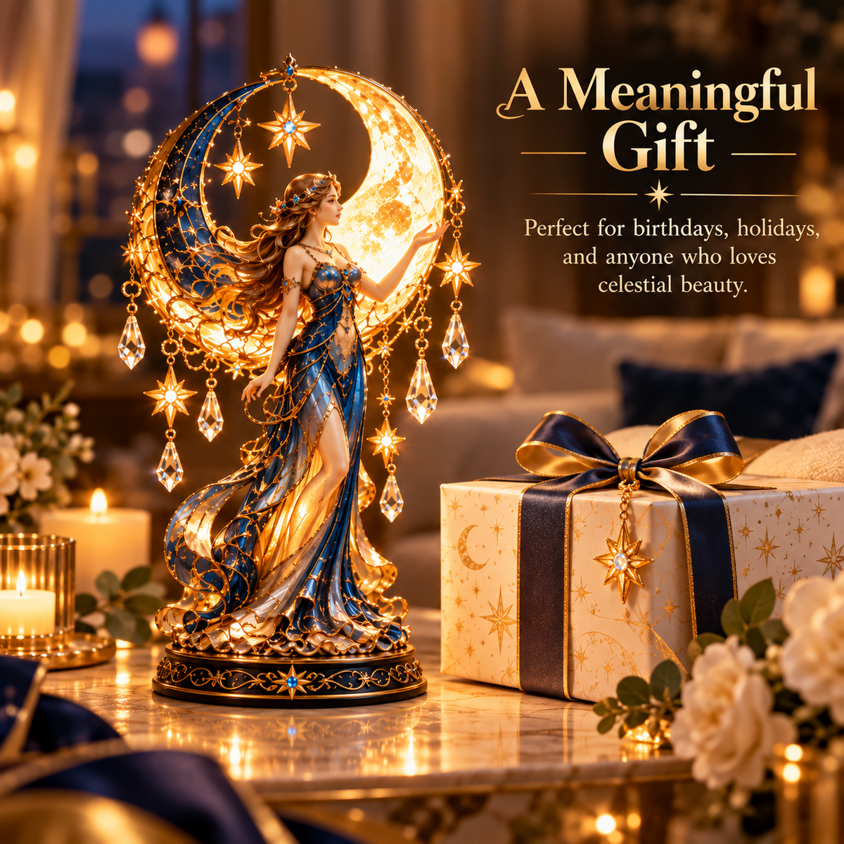 ✨ Moon Goddess Glow™ – Magical Crescent Moon & Crystal Table Lamp