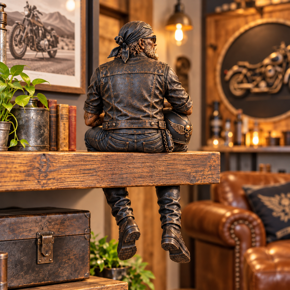 Old biker figurine shelf sitter viewed from the back