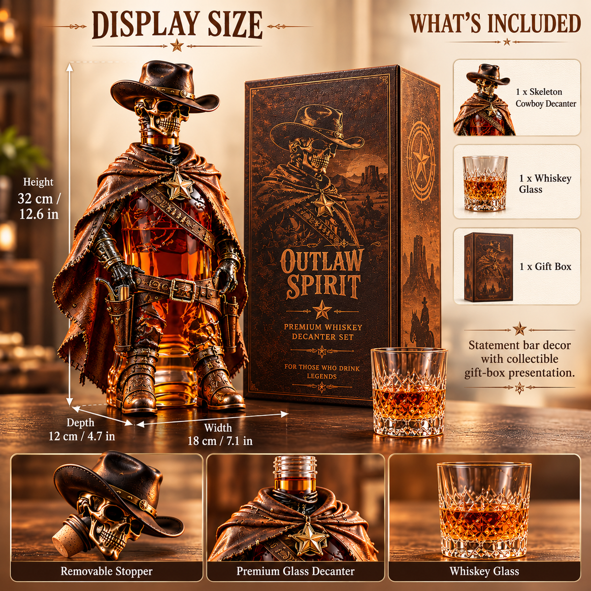 🤠💀 Outlaw Spirit Skeleton Cowboy Whiskey Decanter Gift Set 🥃
