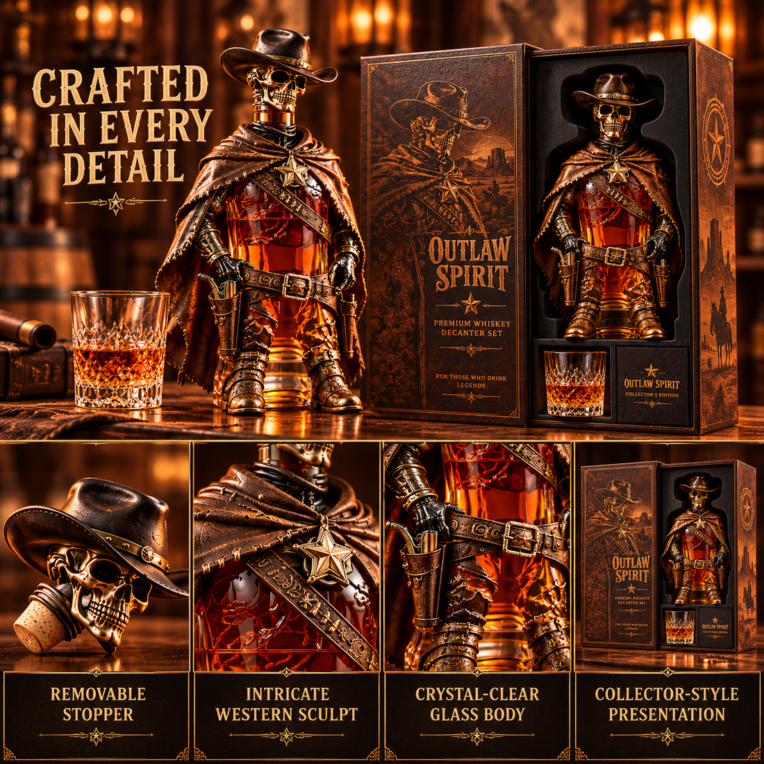 🤠💀 Outlaw Spirit Skeleton Cowboy Whiskey Decanter Gift Set 🥃