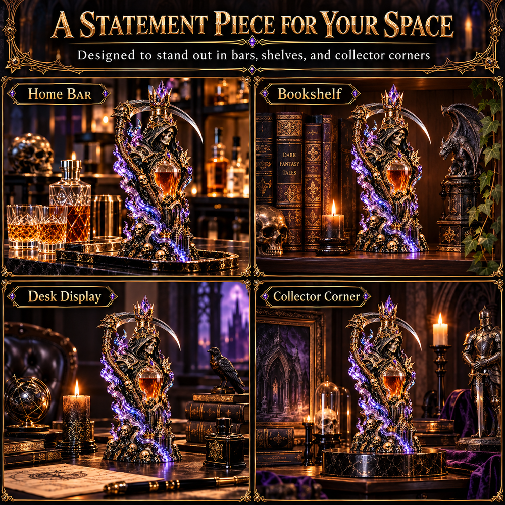 Grim Reaper whiskey decanter with gothic bar styling