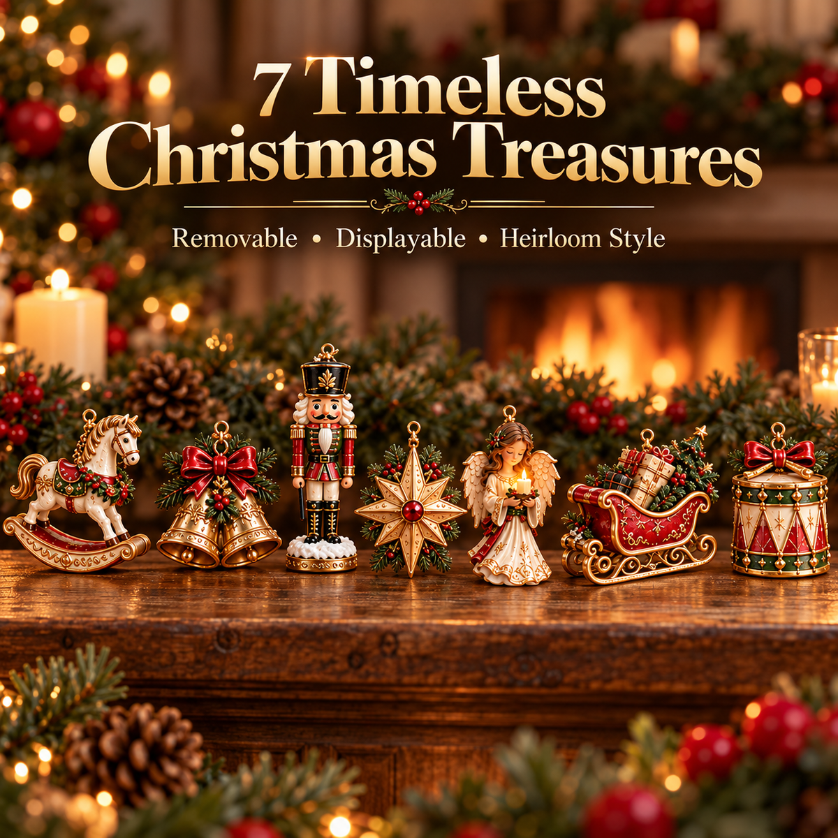 Detailed close-up of the carved Christmas ornament designs