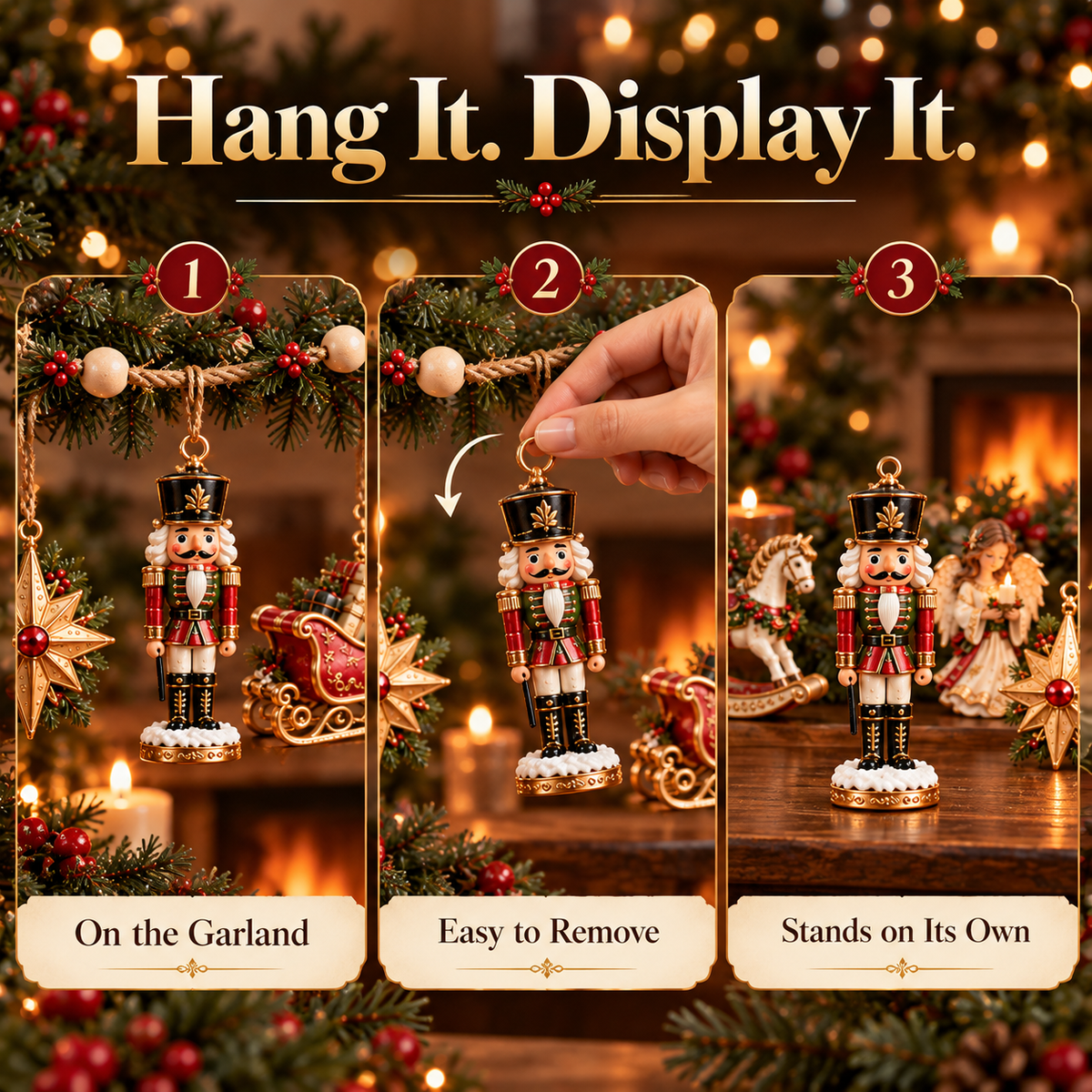 Removable Christmas ornament shown hanging and standing separately