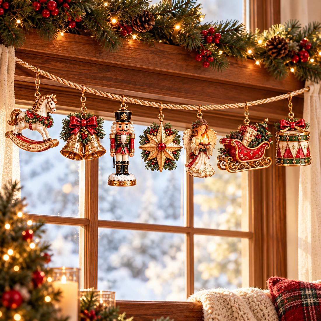 Vintage Christmas garland hanging across a window