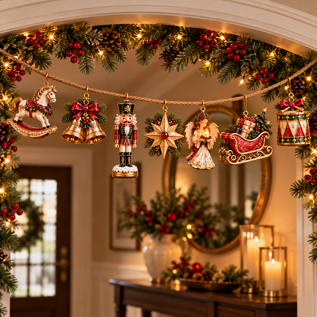 Christmas Heirloom garland decorating an indoor entryway arch
