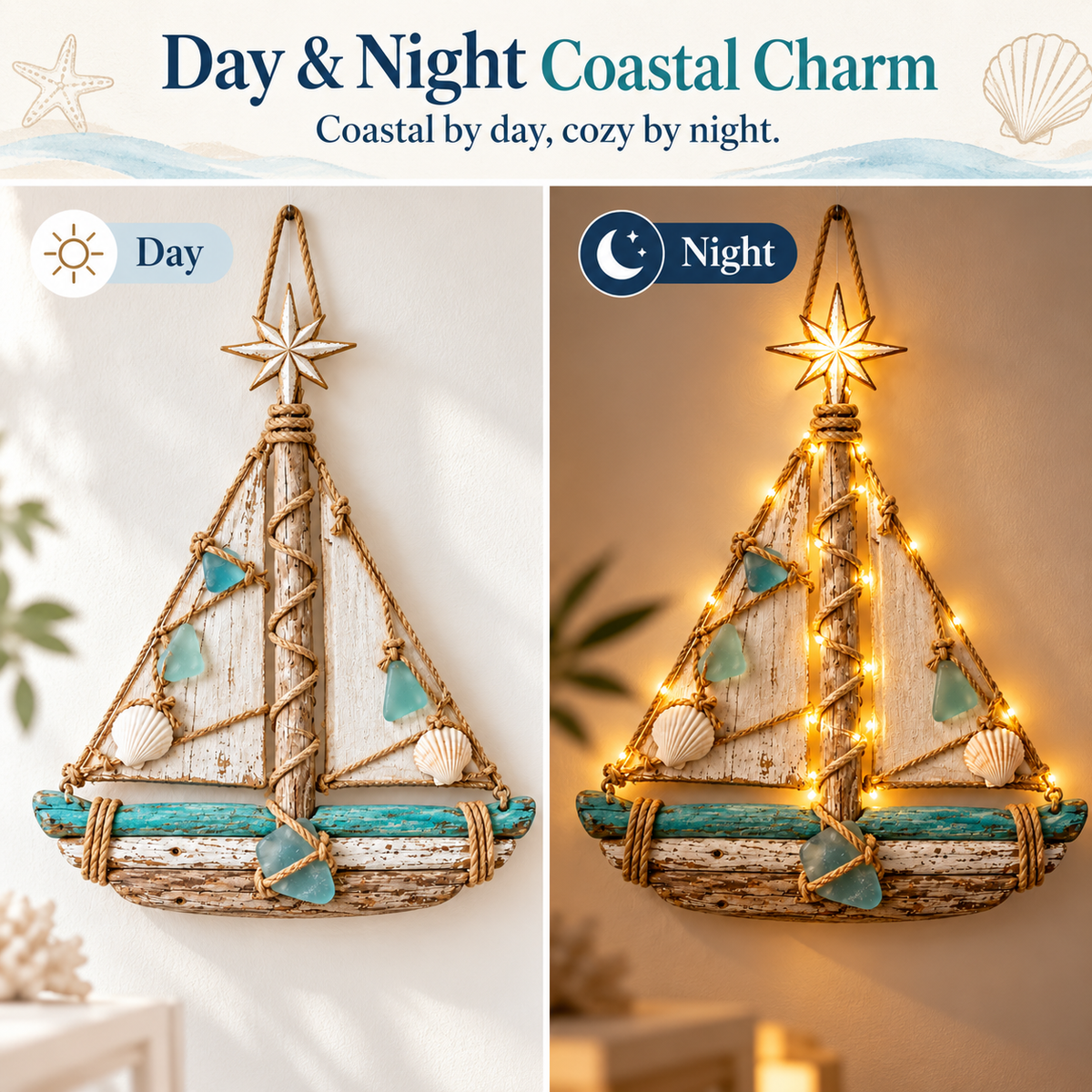 Harbor Lights Sailboat Christmas Tree day and night comparison