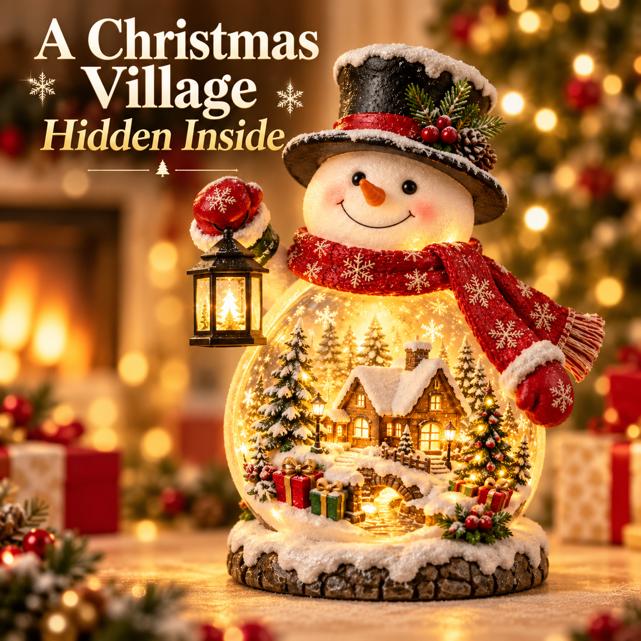 Glowing Christmas snowman with a miniature snowy village inside
