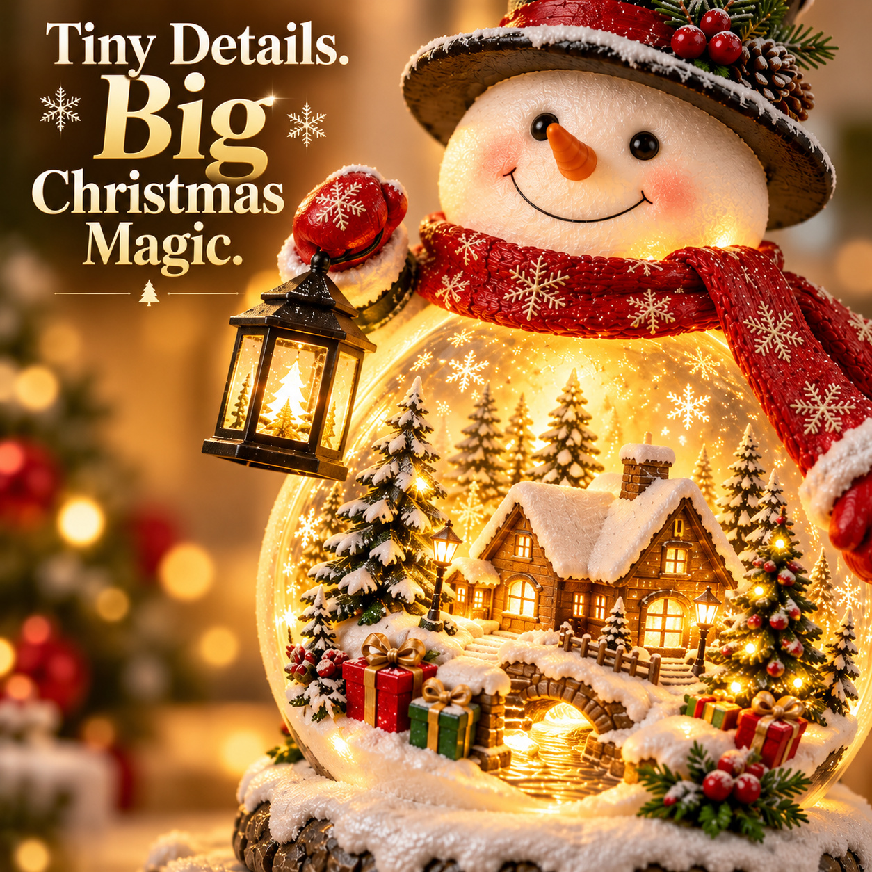Close-up of miniature Christmas village and snowy cottage