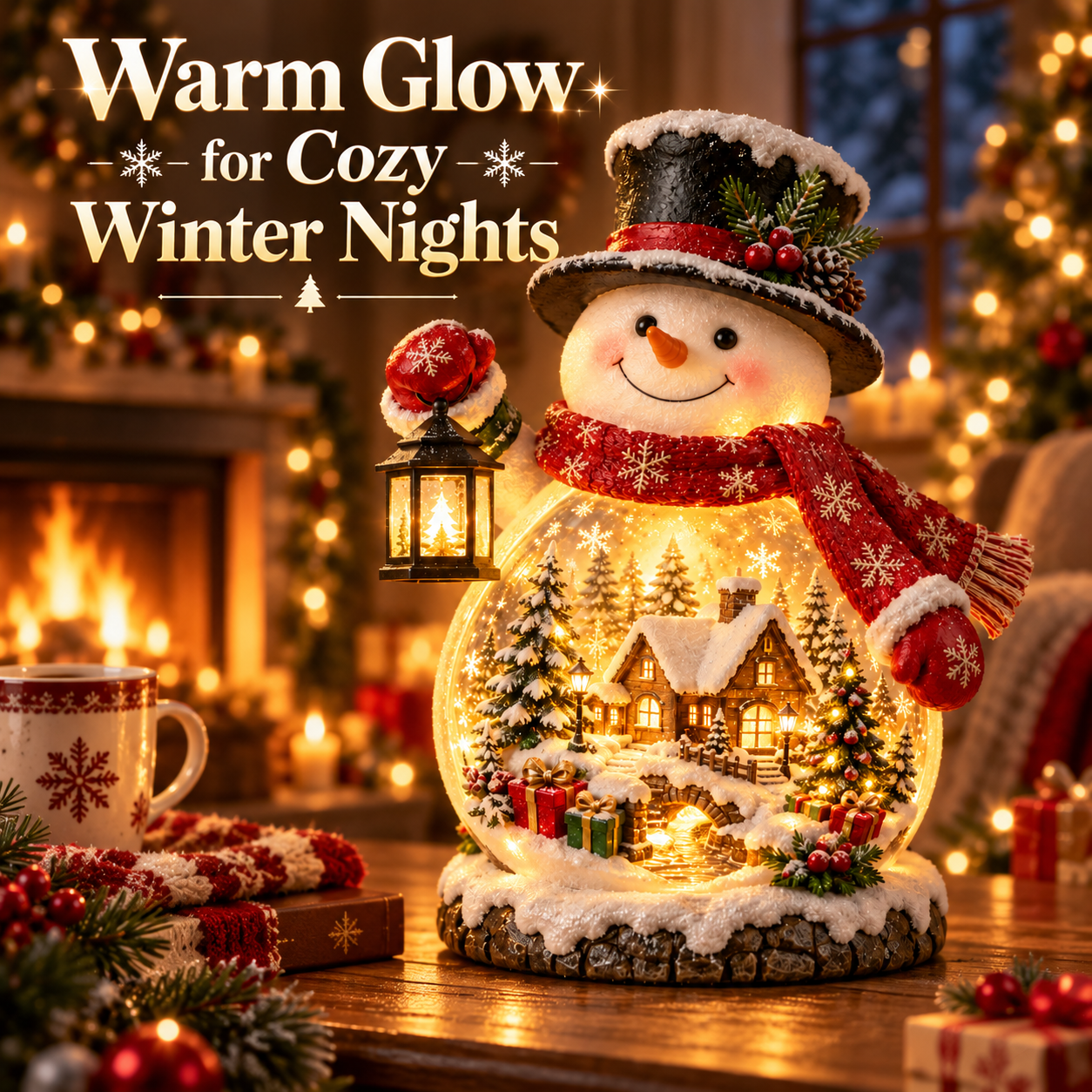 Glowing snowman Christmas village near a cozy fireplace