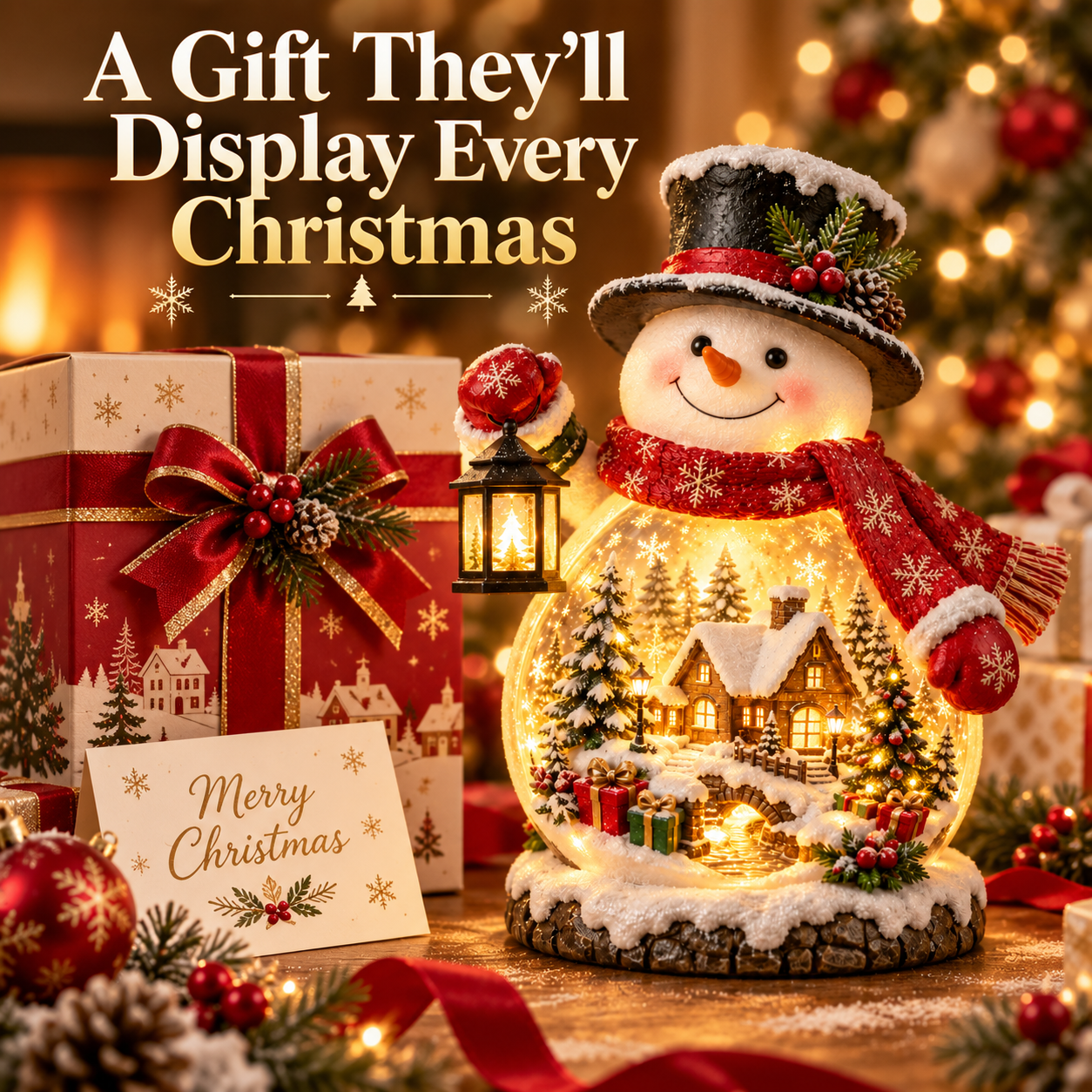 Glowing snowman Christmas decoration beside holiday gifts