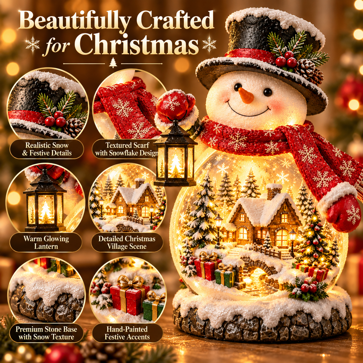 Snowman hat, scarf, lantern and winter village detail guide