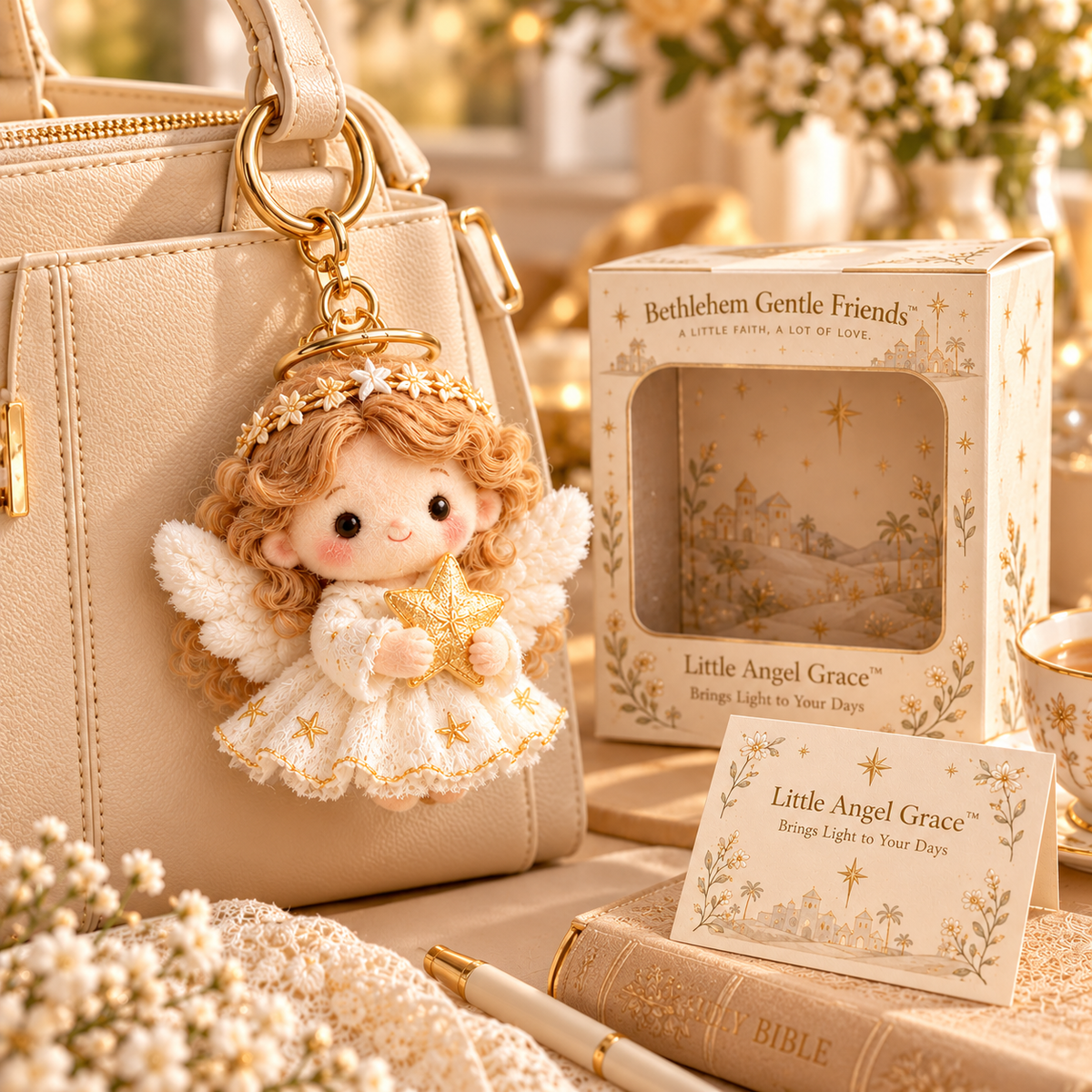 Angel plush keepsake hanging on bag