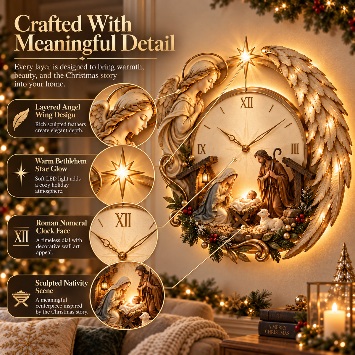 Bethlehem Angel Nativity Glow Clock displayed in home