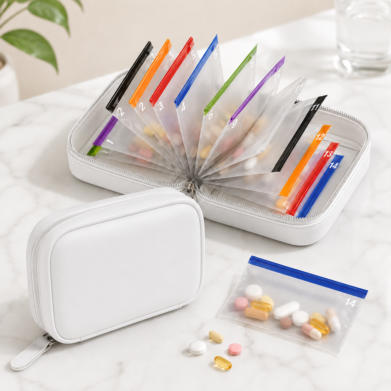 Waterproof Pill Pouch Set, 14pcs Bags Inside, A8 Waterproof Pill Organizer Set, 7 to 14 Days of Meds 💊