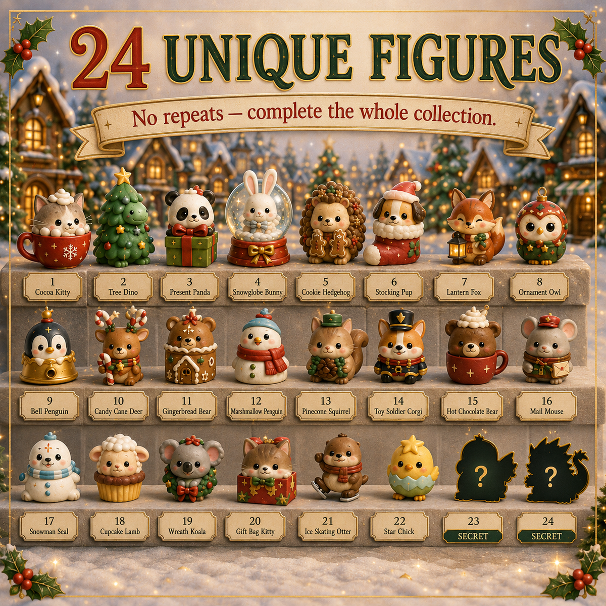 24 unique Hollymere Village Christmas collectible figures