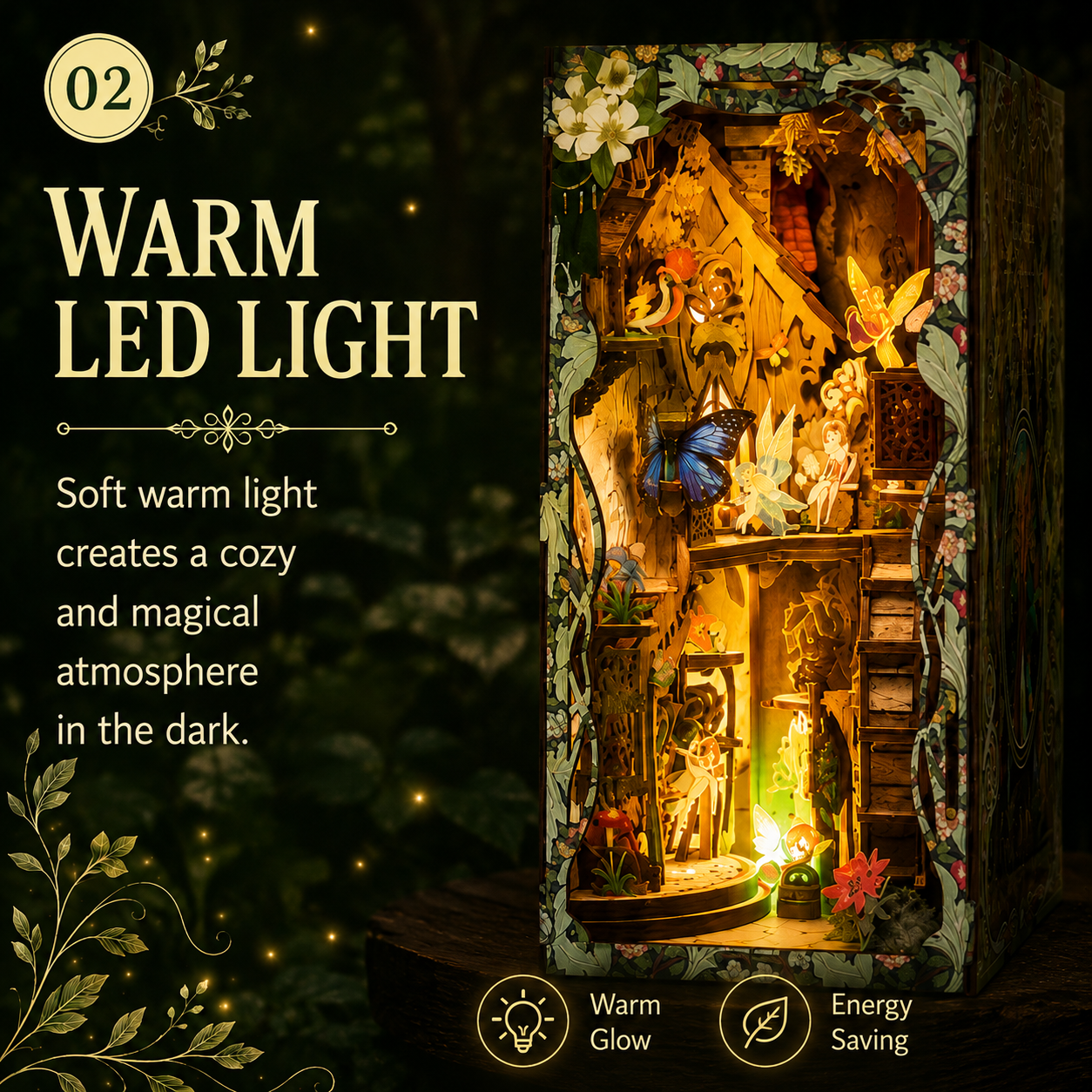 Warm glowing Whisperwood enchanted forest book nook