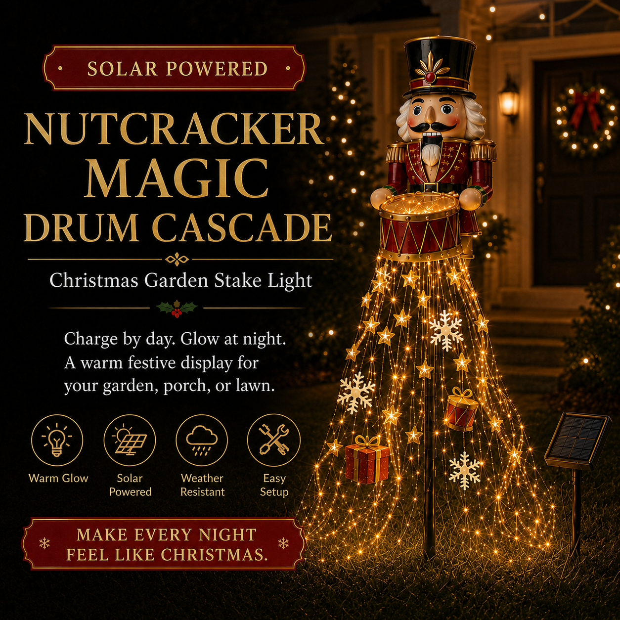 🎖️✨ Nutcracker Magic Drum Cascade Solar Christmas Garden Light