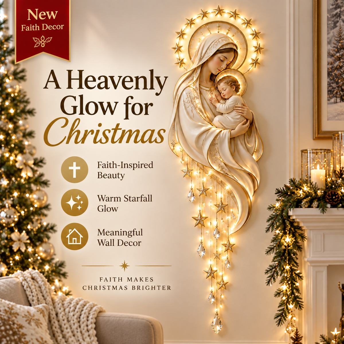 ✨ Crown of Stars Madonna & Child Lighted Wall Decor – Heavenly Faith-Inspired Christmas Accent
