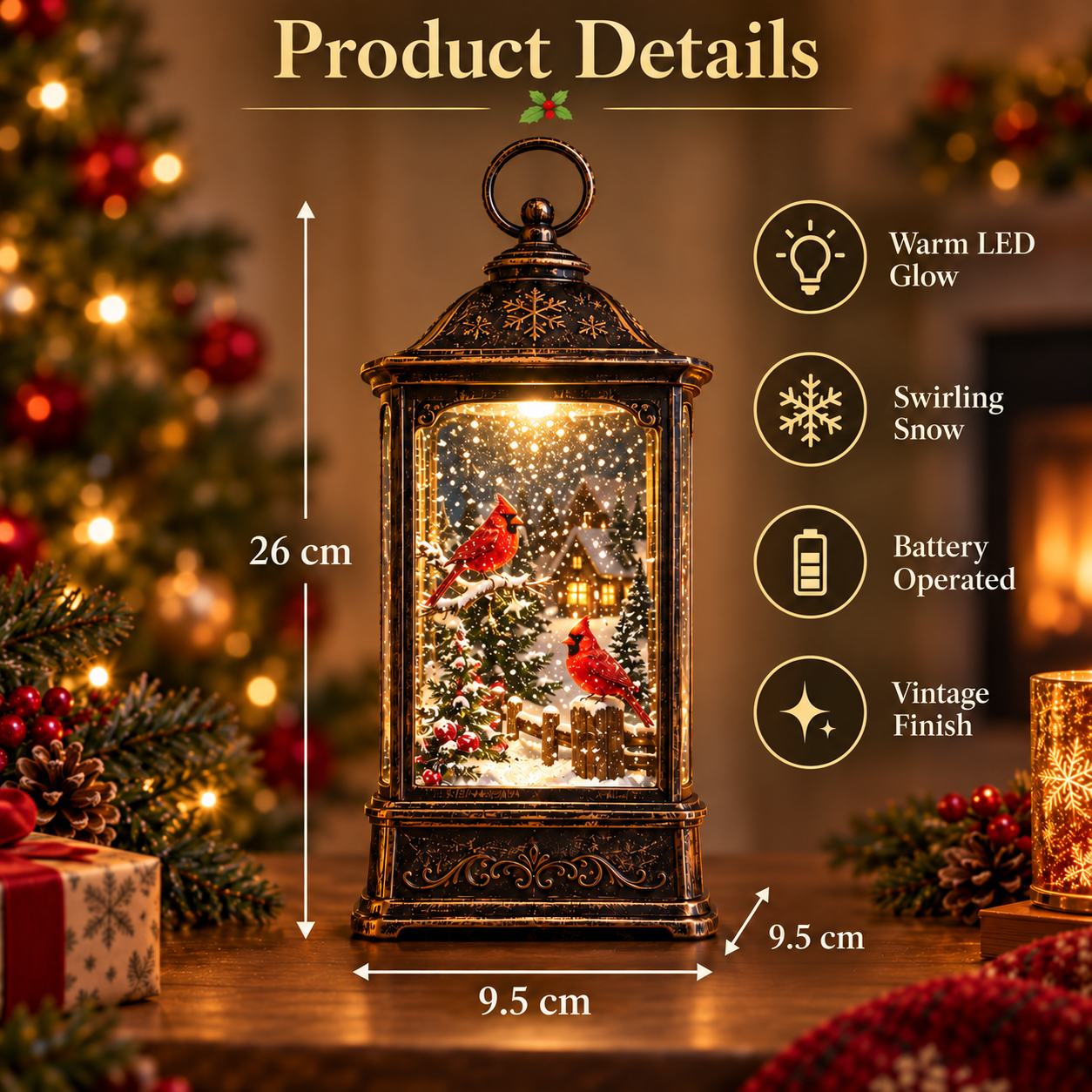 Cardinal Winter Snowing Lantern dimensions