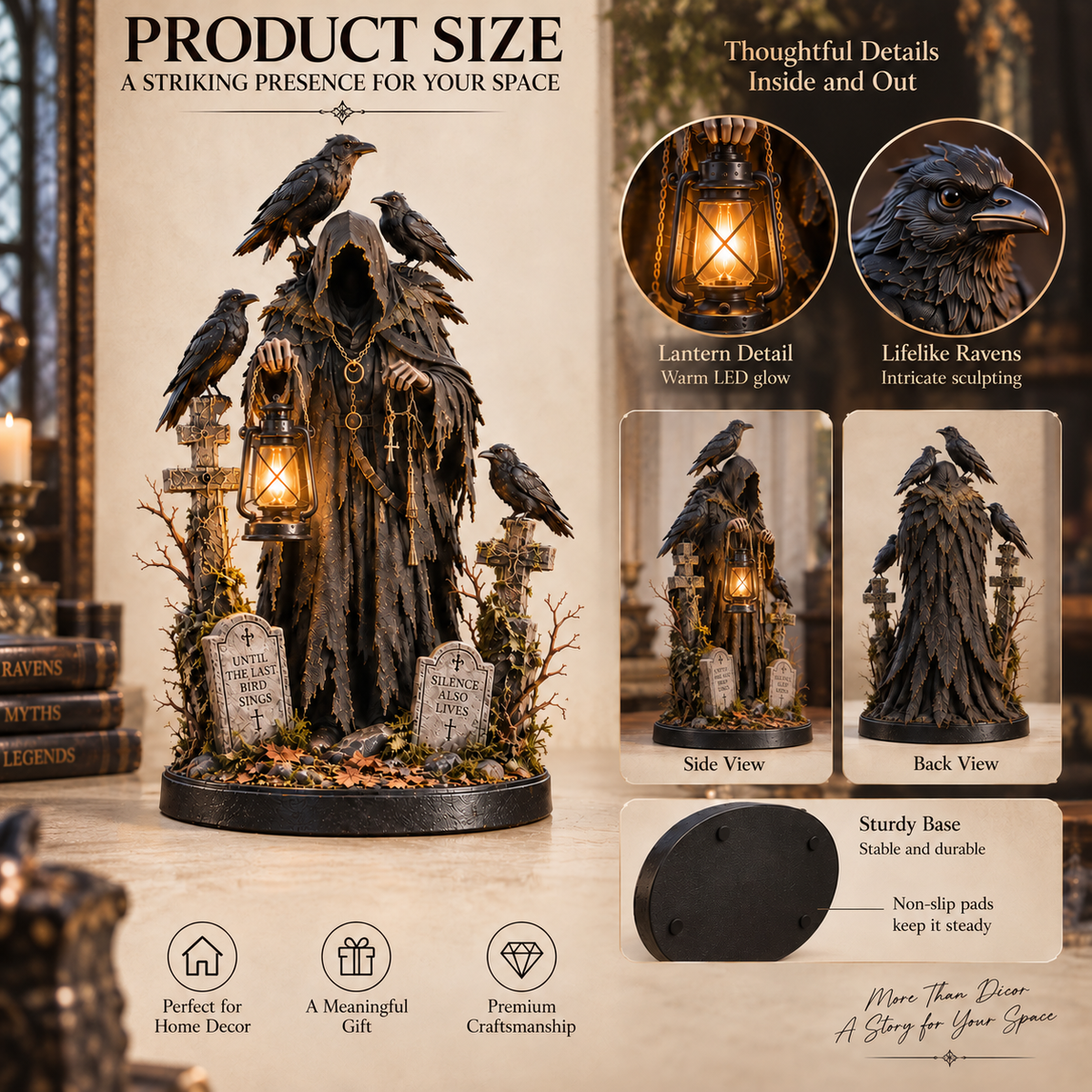 🐦‍⬛ Keeper of the Last Light™ | Lighted Raven Guardian Gothic Statue