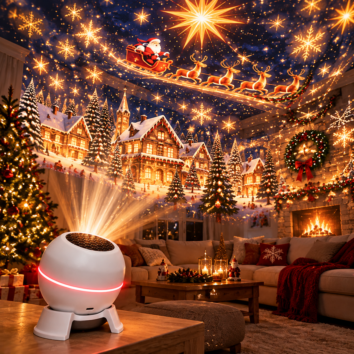 Christmas projection light creating a festive room atmosphere