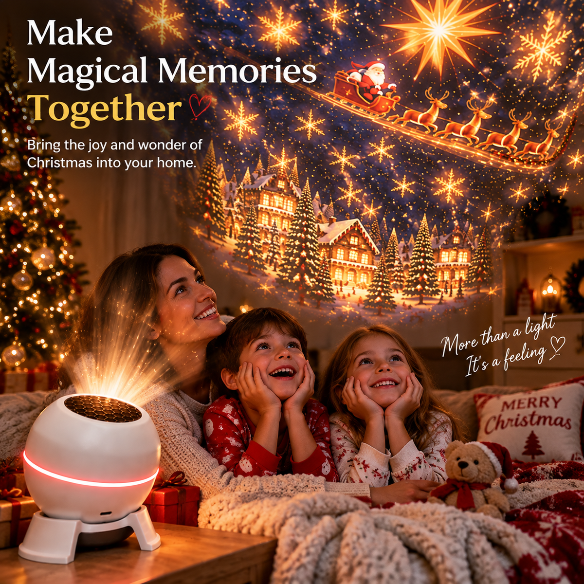 Family enjoying Christmas projection light