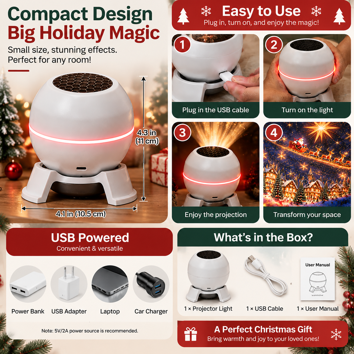 Christmas Projection Night Light setup and USB power