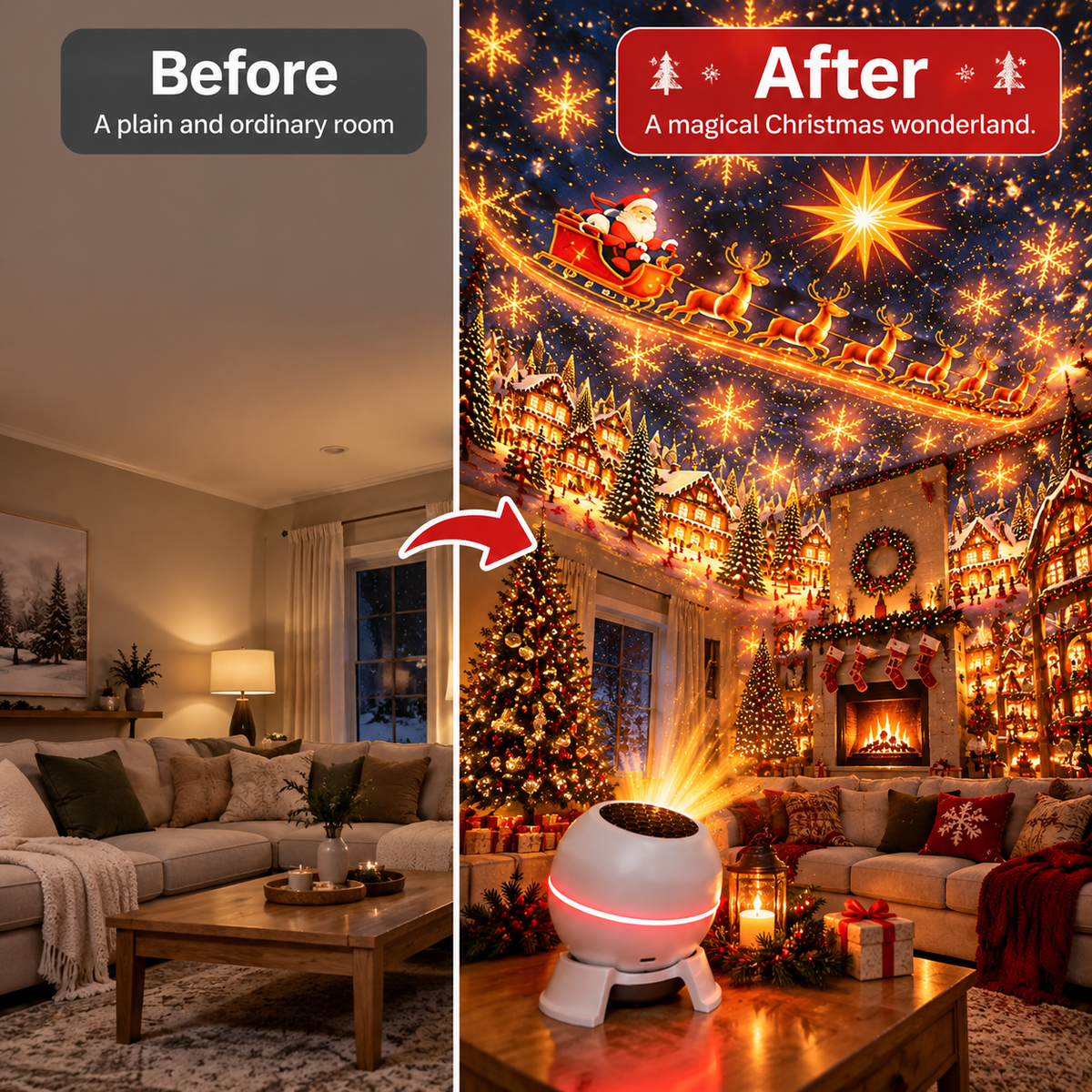 Christmas projector before and after room transformation