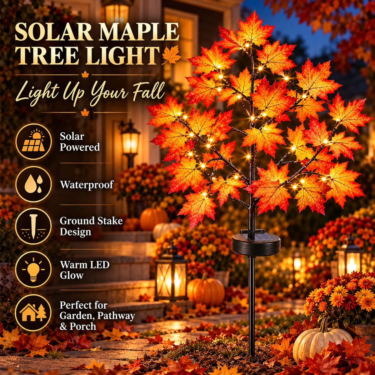 Solar Maple Leaf & Pumpkin Tree Lights – Fall Yard Decor 🍁🎃