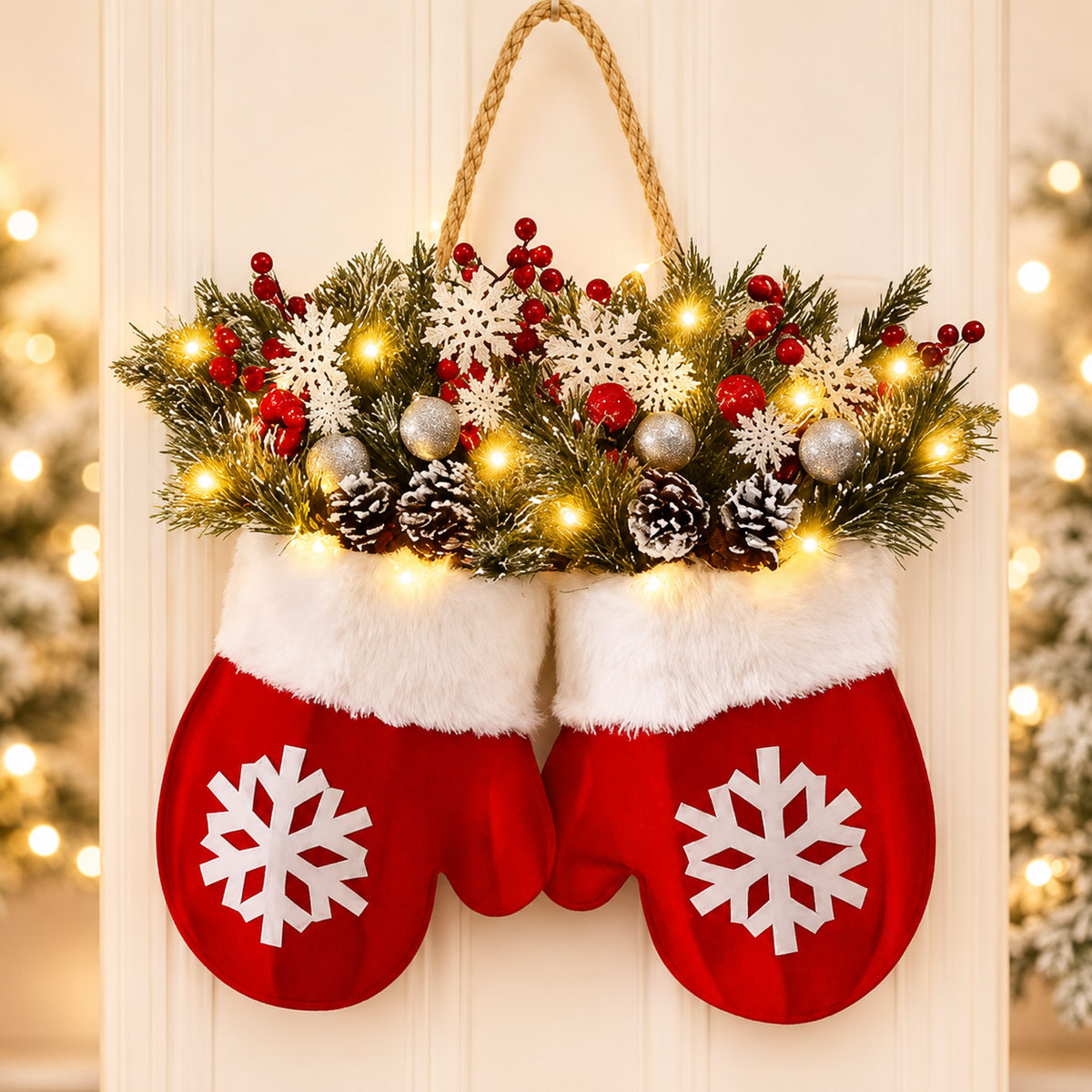 Lighted Christmas mitten door decoration