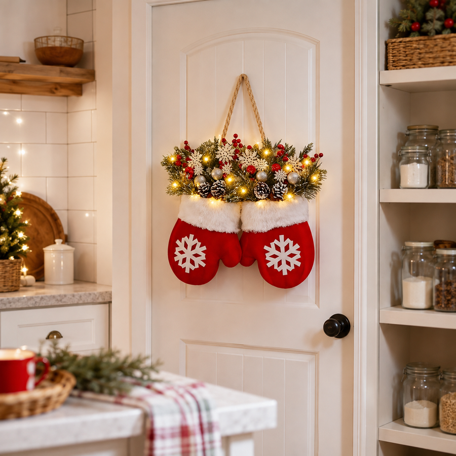 Christmas mitten decoration on kitchen pantry door
