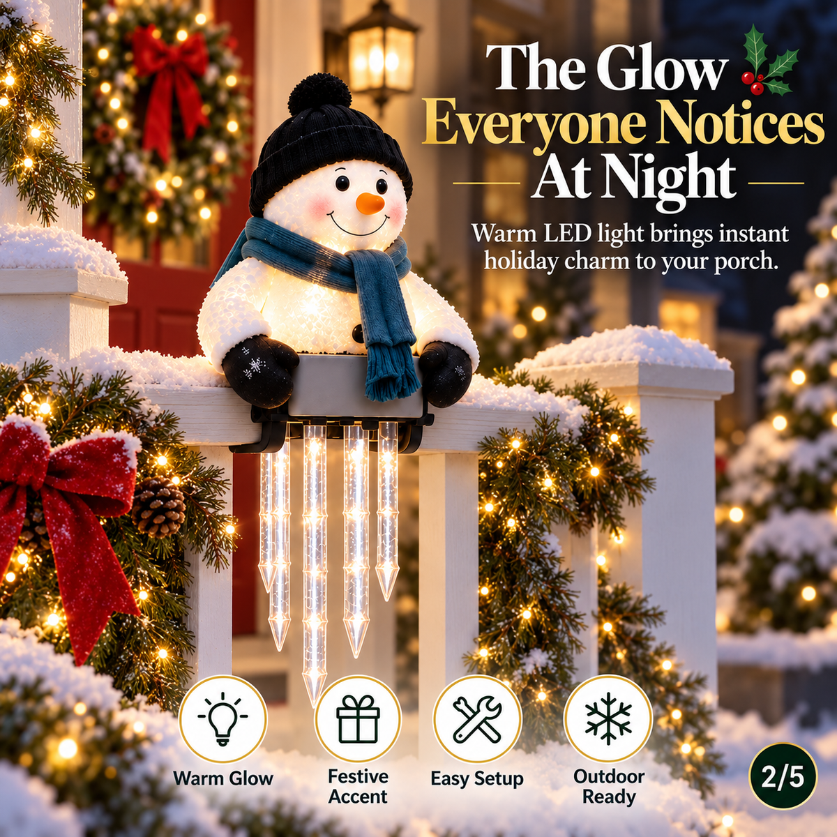 WinterGlow Snowman Icicle Light glowing after dark