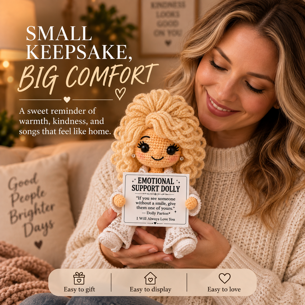 Emotional support doll in a cozy bedroom