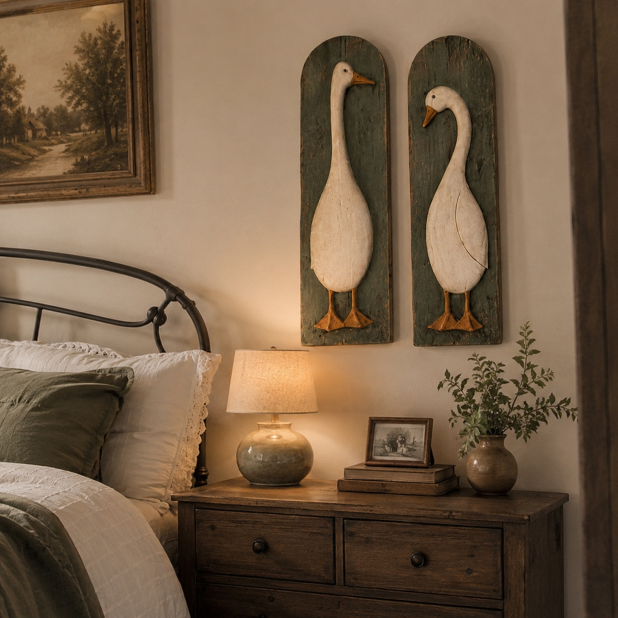 Rustic goose wall art displayed in cozy farmhouse bedroom