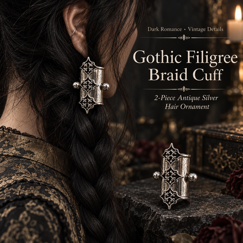 🖤2Pcs Gothic Filigree Hair Cuff for Braids, Vintage Antique Silver Medieval Hair Ring, Dark Romantic Hair Jewelry Accent