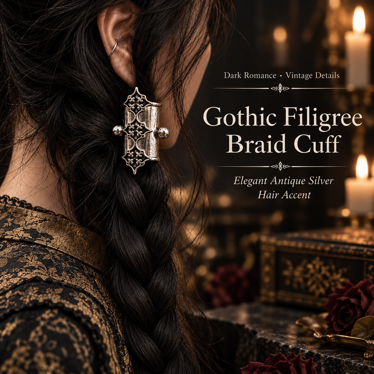 🖤2Pcs Gothic Filigree Hair Cuff for Braids, Vintage Antique Silver Medieval Hair Ring, Dark Romantic Hair Jewelry Accent