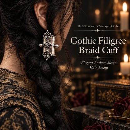 🖤2Pcs Gothic Filigree Hair Cuff for Braids, Vintage Antique Silver Medieval Hair Ring, Dark Romantic Hair Jewelry Accent