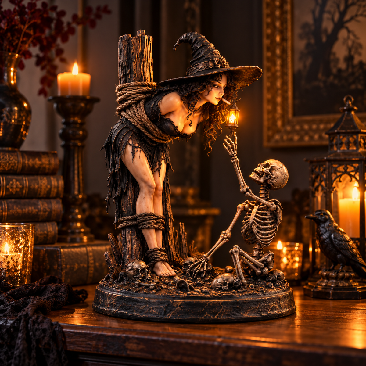 🎃 LIMITED-TIME 50% OFF | Witch’s Last Light™ – Gothic Witch & Skeleton Candle Scene Halloween Decor